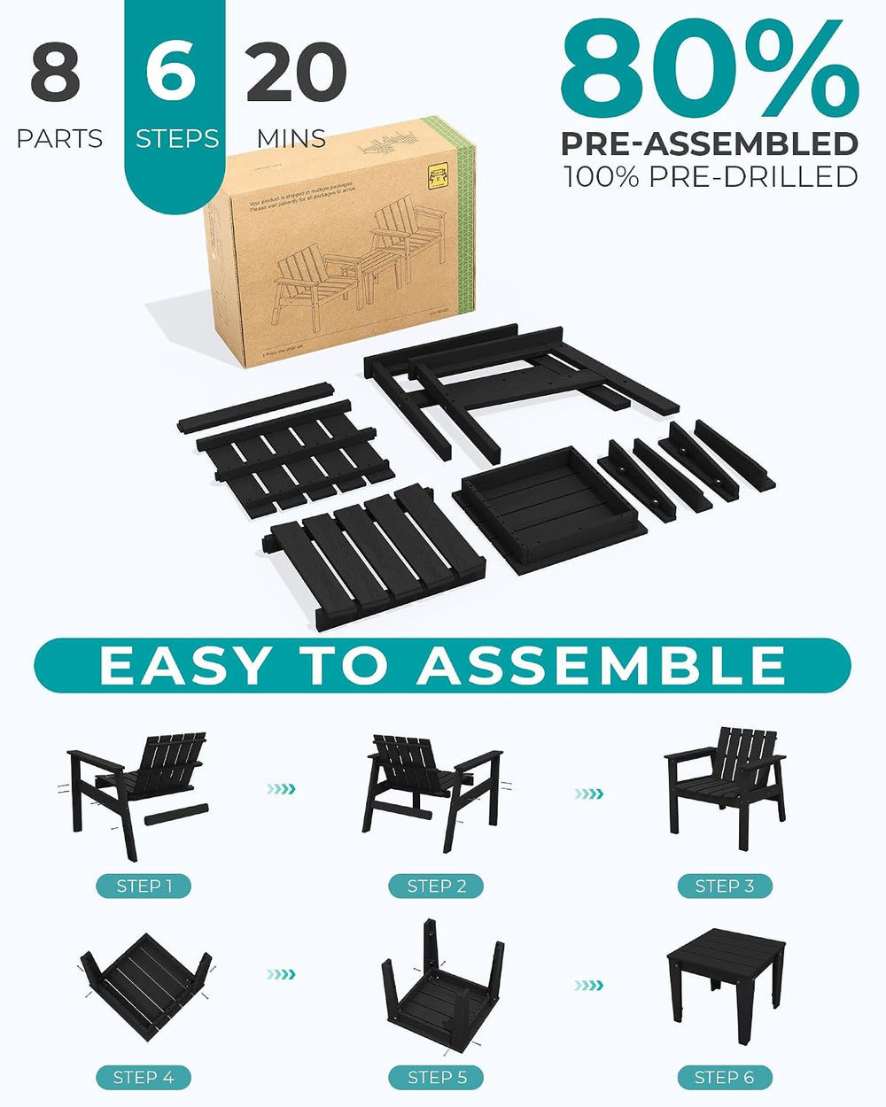 SERWALL Low Back Bistro Set-utdoor Adirondack Chairs and Side Table-Black