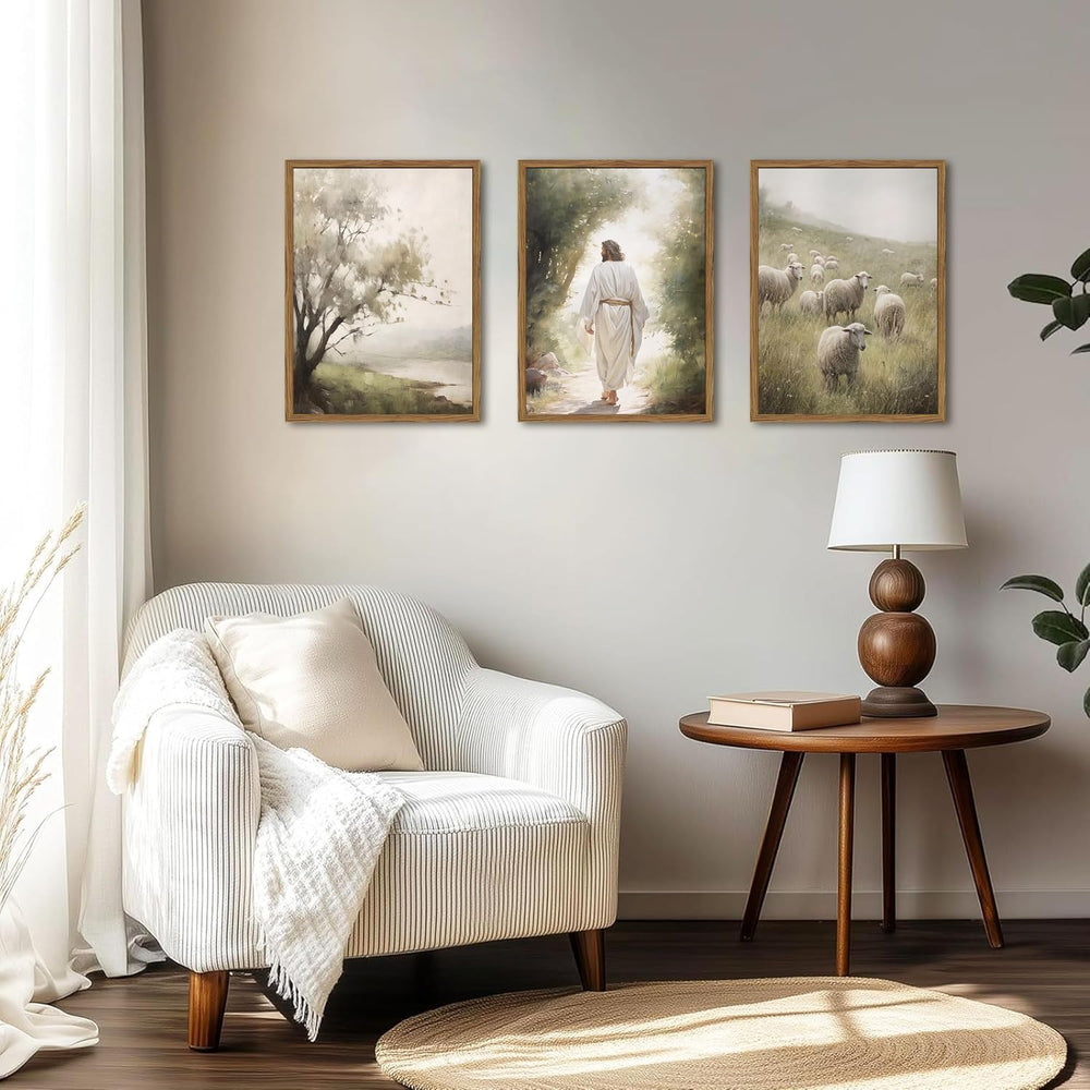 Framed Jesus Leaves the 99 Sheep Canvas Wall Art Set of 3, Christian Pictures...