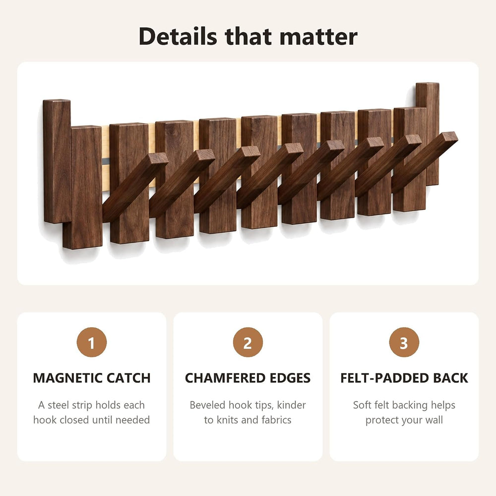 Piano Key Coat Rack Wall Mounted, 8 Flip-Down Hooks, Walnut-Toned