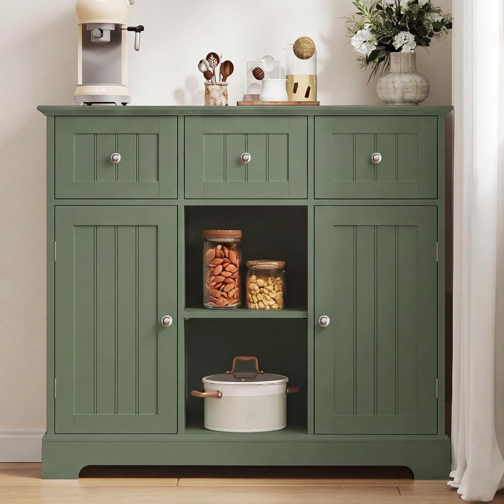 ChooChoo 35.4" Coffee Bar Cabinet with 3 Drawers and 2 Doors, Green