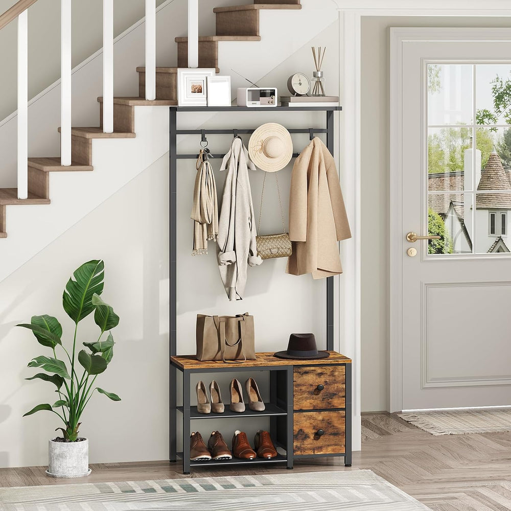 YATINEY 5-in-1 Hall Tree with Drawers, Entryway Bench with 8 Adjustable Coat ...