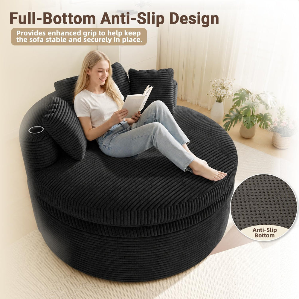 Oversized Round Chair Lounge Chaise, 58'' Corduroy Sofa Bed, Black