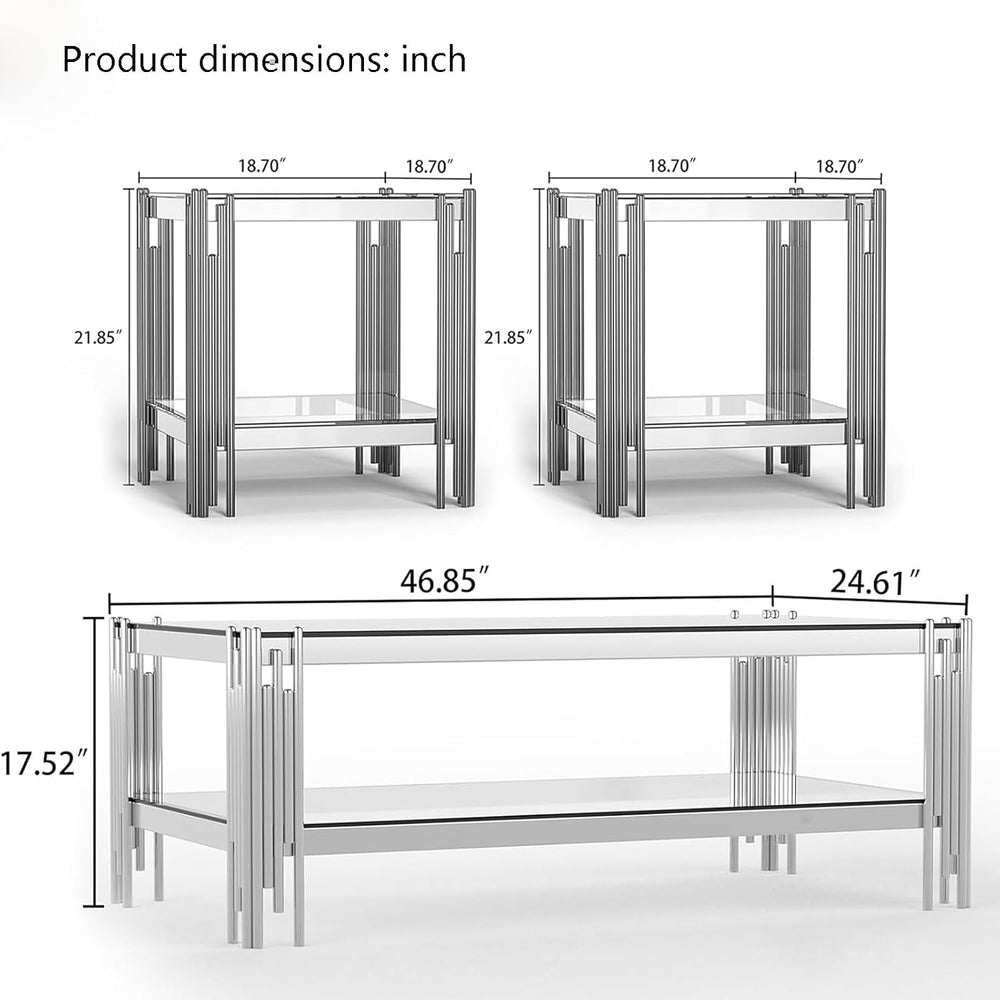 Henf 3-Piece Glass Living Room Table Set, 2-Tier Glass Coffee Table & 2 E...