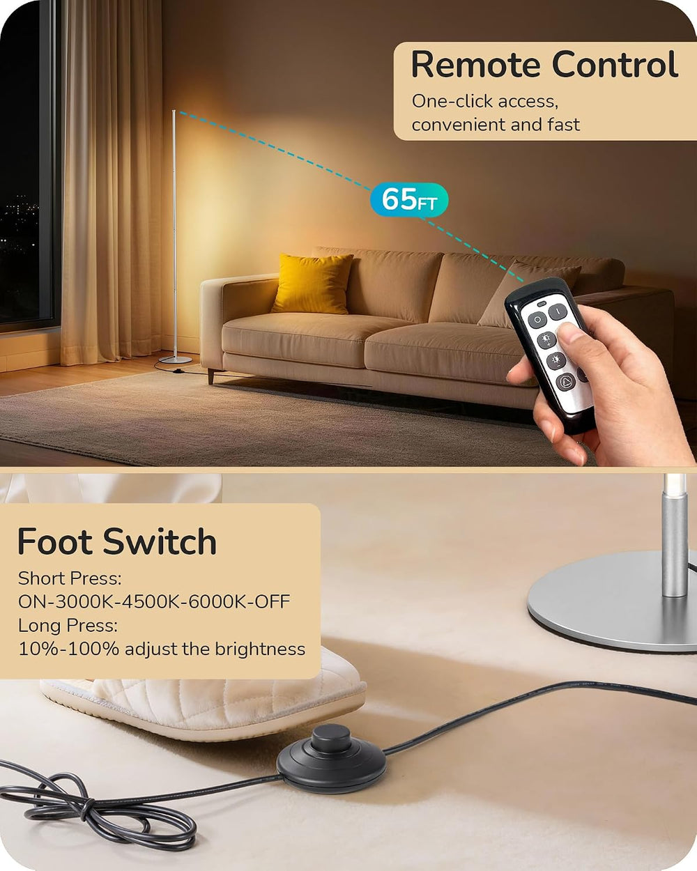 EDISHINE 59.8" Corner Lamp with Remote & 3 Height Settings, Dimmable...