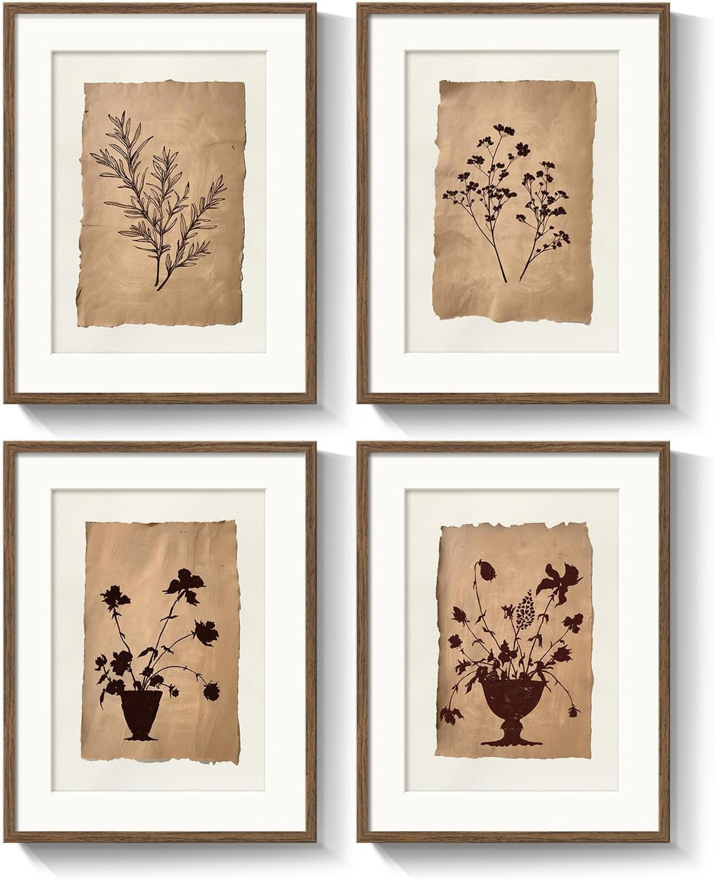 Framed Vintage Botanical Plant Wall Art for Bathroom, 11x14 In 4 Piece