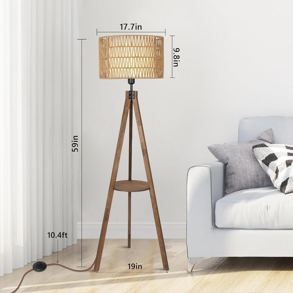 LAMSU Boho Tripod Floor Lamps for Living Room, Rattan Wood Floor Lamp with Fa...