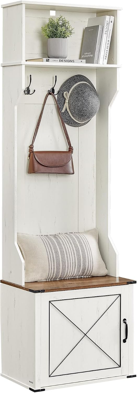 VASAGLE Hall Tree with Bench and Shoe Storage, 3 Tri-Hooks, Hinged Door