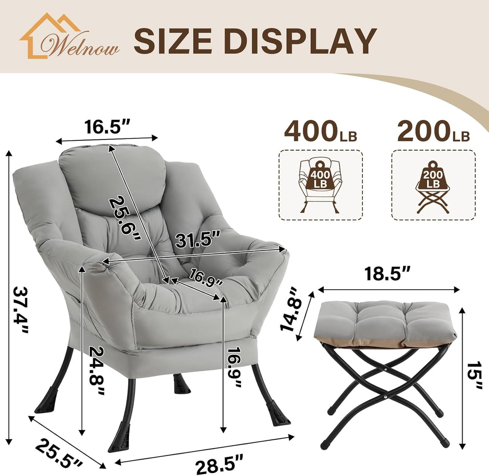 Welnow Lazy Chair with Ottoman, Reading Chair with Footrest,Soft Gray