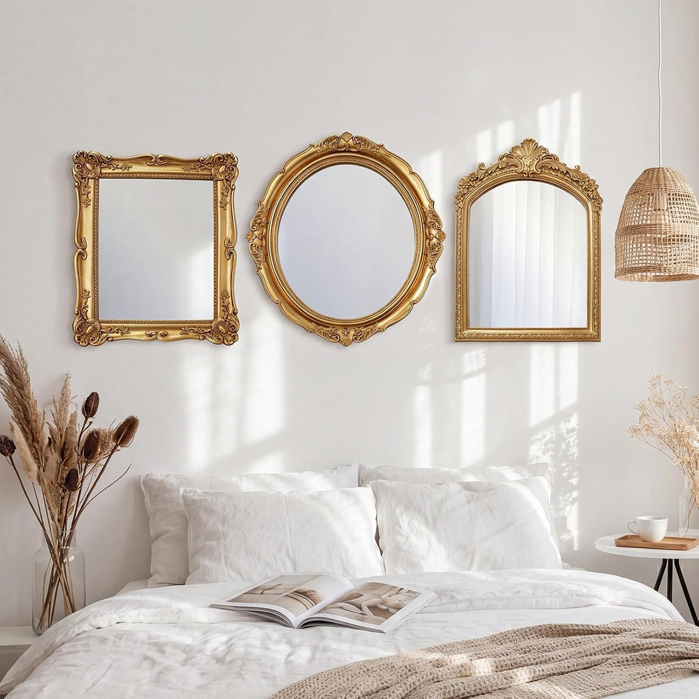 3 Pcs Vintage Gold Wall Mirror Set, 15in/13in/12in, Retro Style