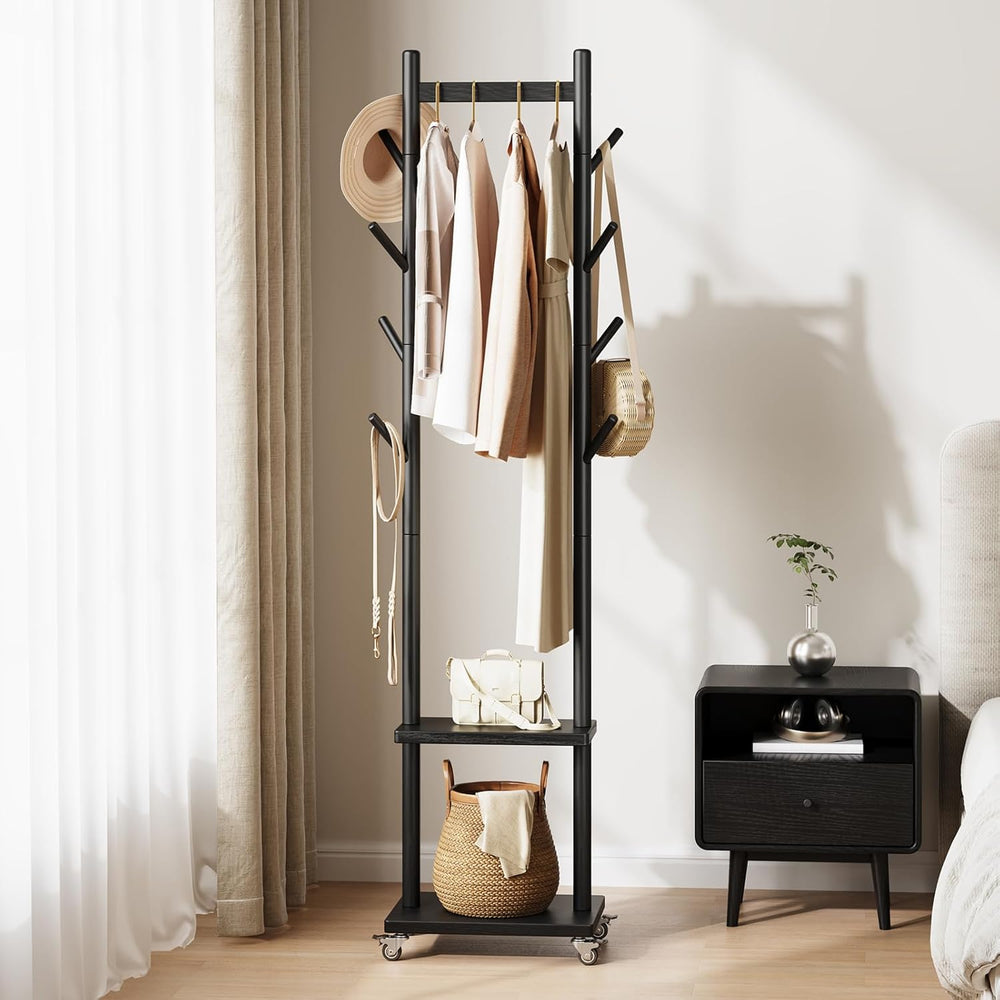 Yoobure Solid Wood Coat Rack Freestanding - Rolling Clothes Rack with 8 Hooks...