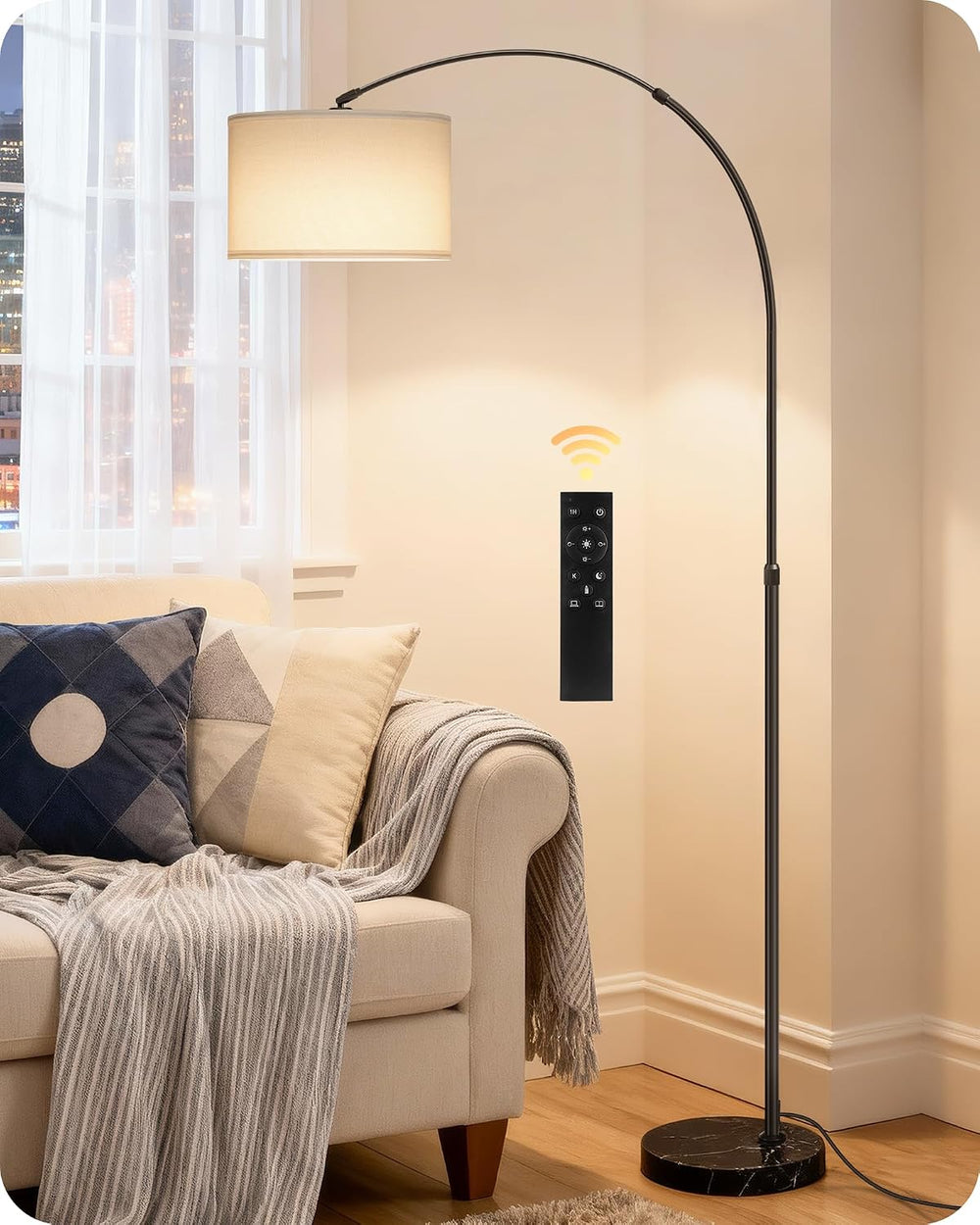 75" Dimmable Arc Lamp with Marble Base, Adjustable Height,White Linen Shade
