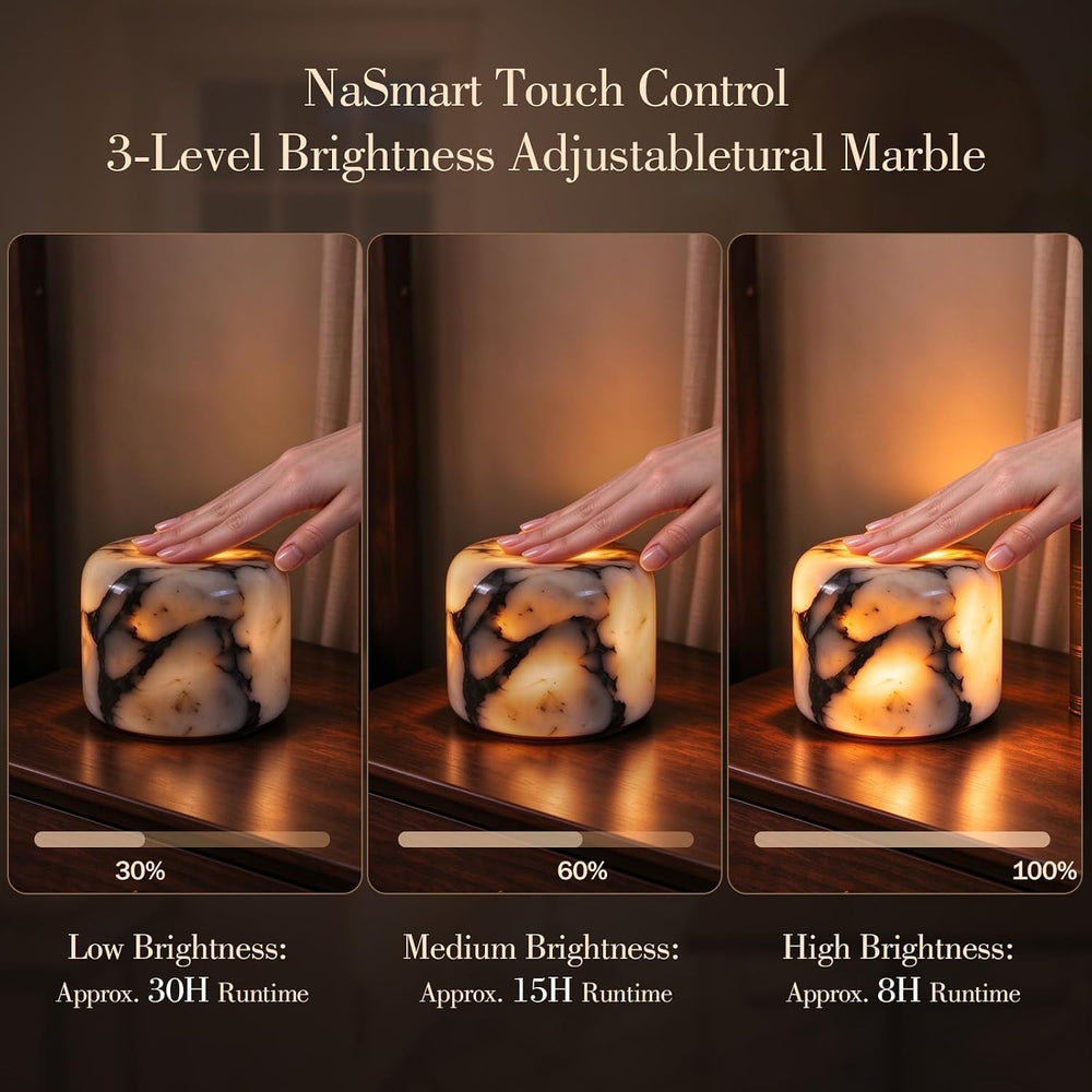 Black Marble Touch Table Lamp, Cordless Bedside Pat Dimmable Night Light