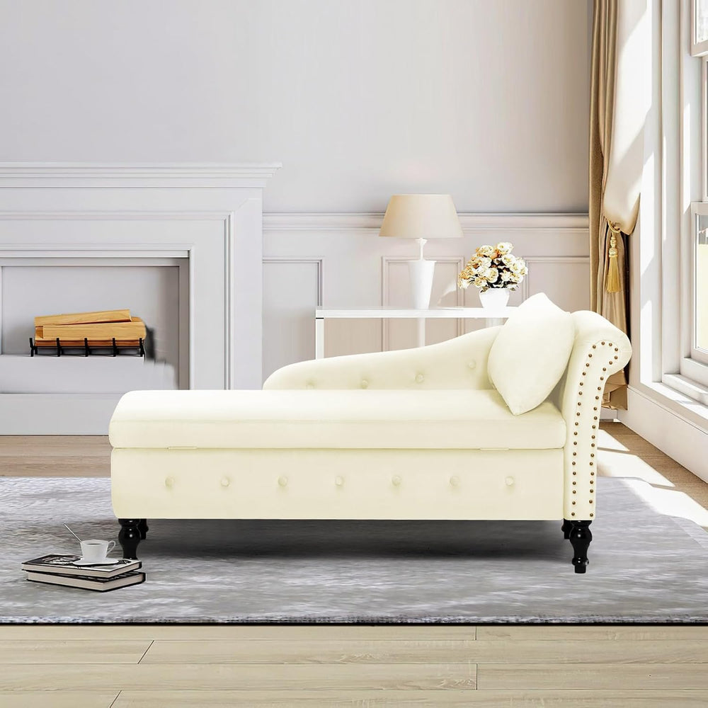 Velvet Chaise Lounge w/Right Armrest & Storage Space, Beige