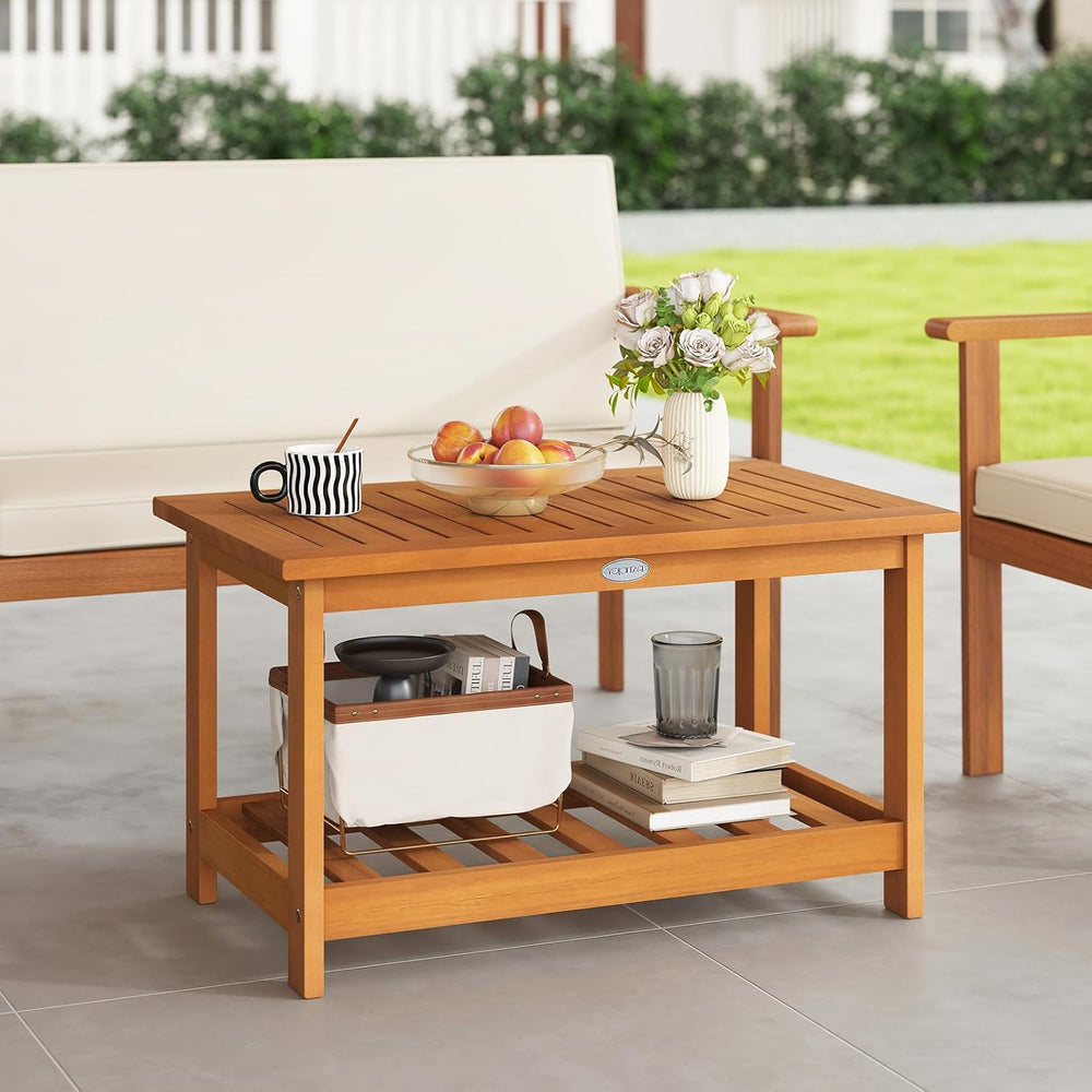 Tangkula Outdoor Acacia Wood Coffee Table, Patio 29.5” Rectangle Slatted 2 Ti...