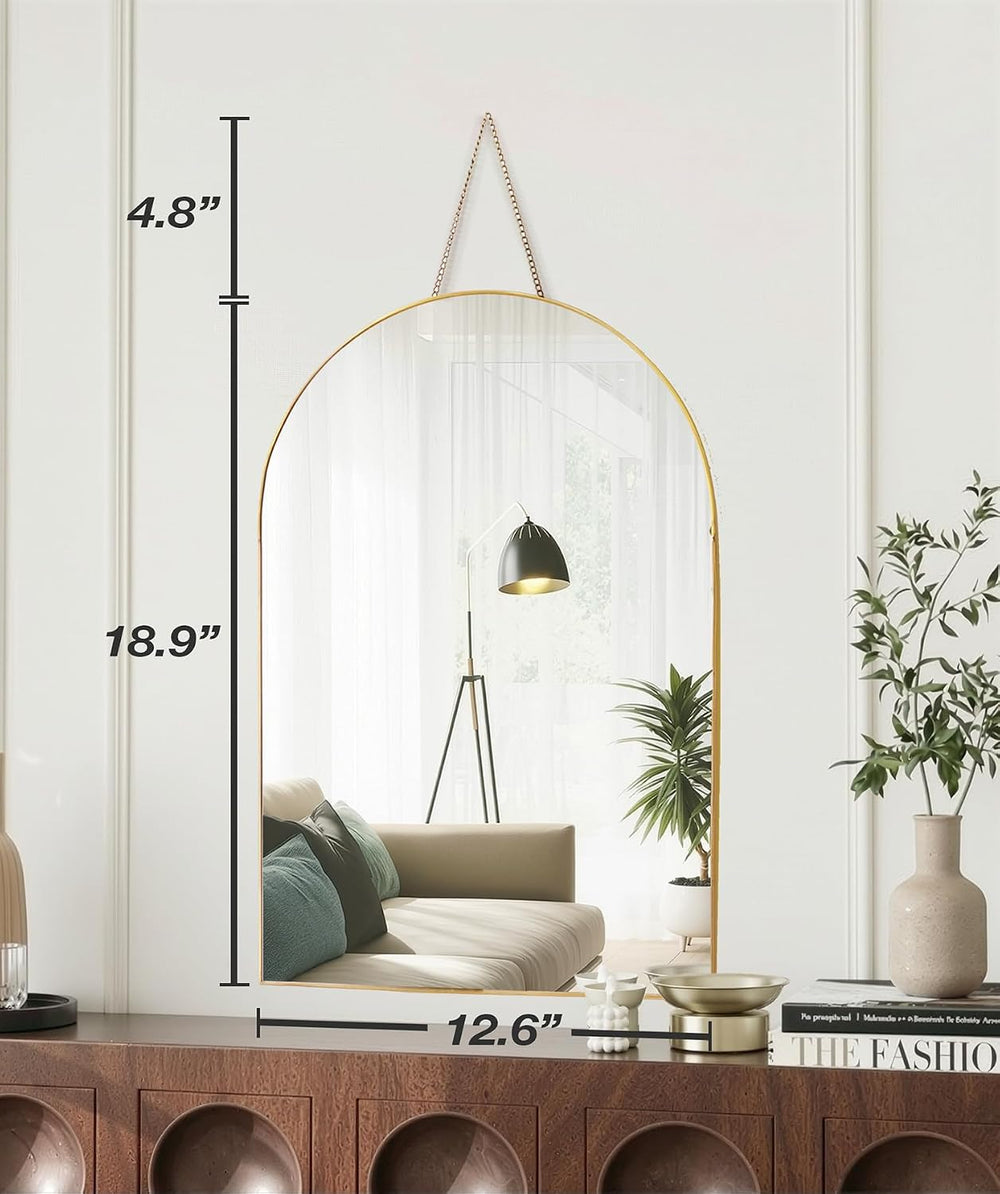 Gold Arched Wall Mirror 13”x19” – Small Vintage Hanging Mirror with Chain