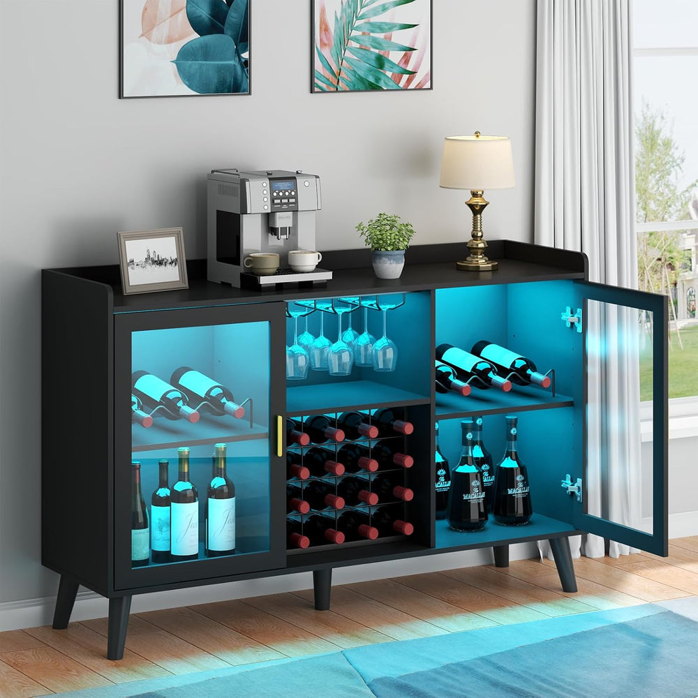 Gyfimoie Coffee Bar Cabinet with LED Light and Wine Rack