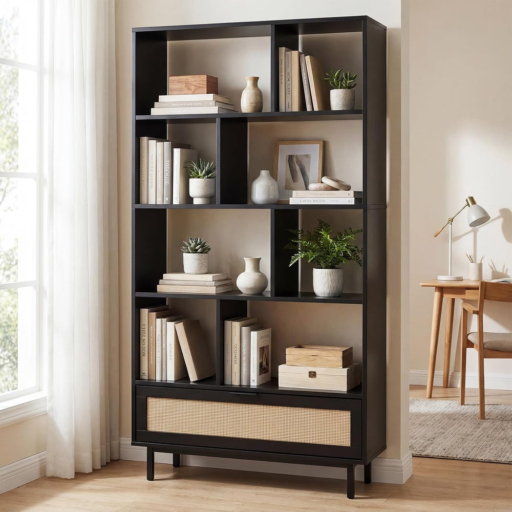 GIANTEX 64" Tall Bookshelf with Rattan Drawer, 6-Tier Wood Bookcase with...
