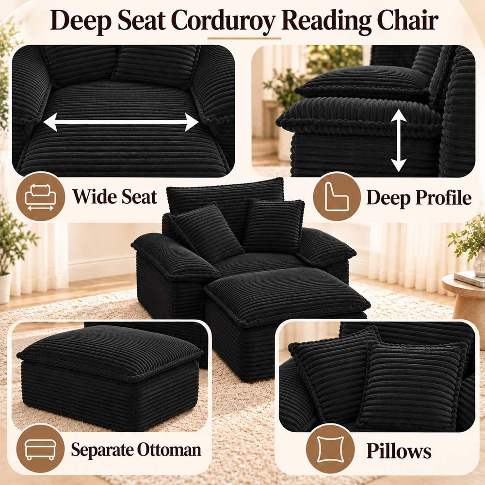 Black Oversized Chair with Ottoman, Boneless Corduroy Reading Chair