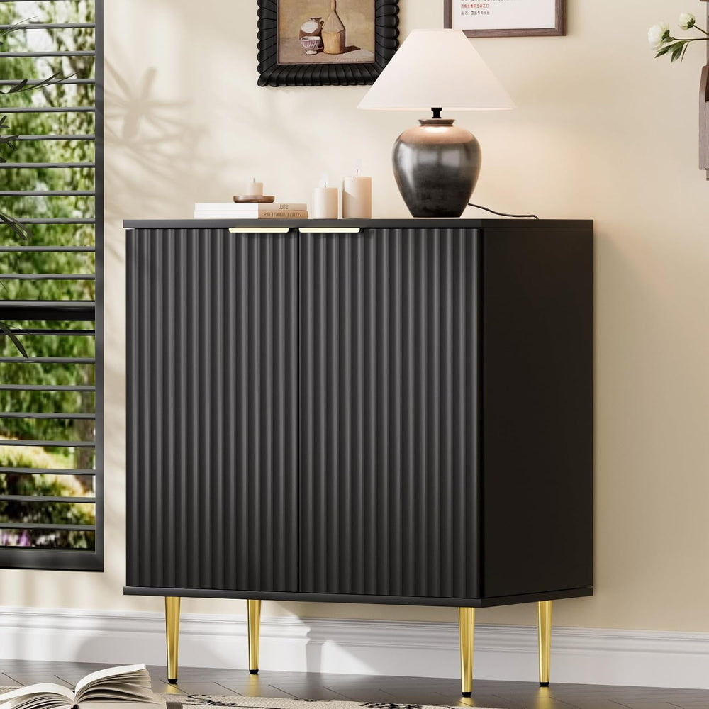 EOYUTLLY Black Fluted Storage Cabinet,Wood Sideboard Buffet Cabinet with Adju...