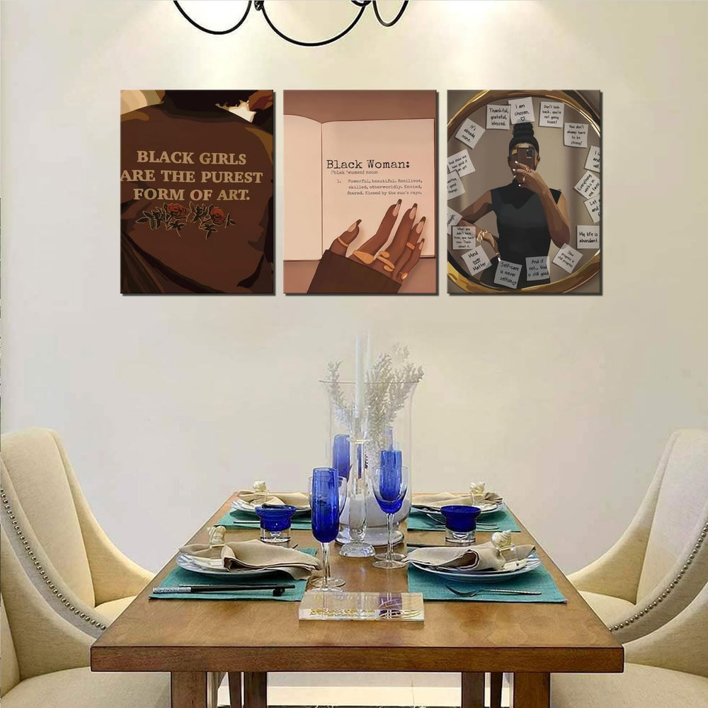 Black Girl Wall Art Set of 3 African American Canvas Wall Decor Fashion Abstr...