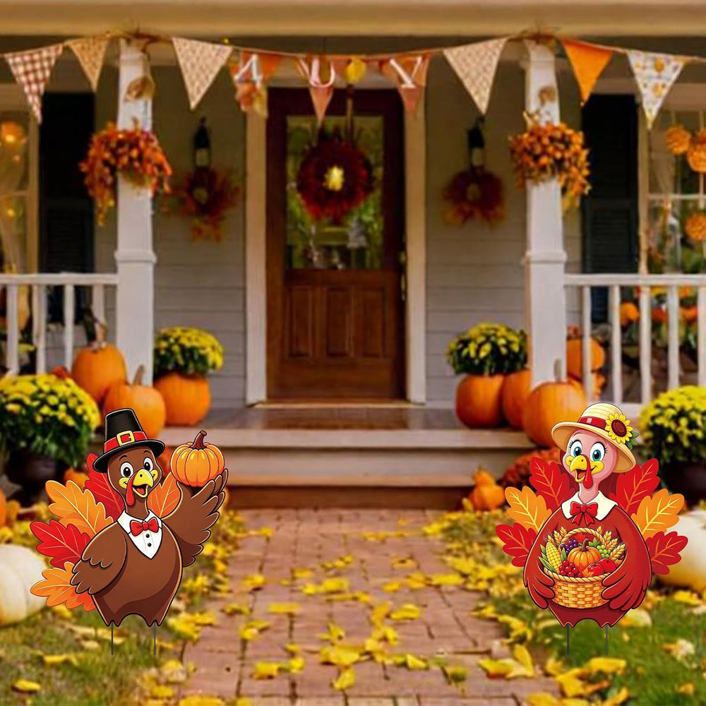 2 Pack Thansgiving Turkey Garden Stakes Metal Turkey Pumpkin Fall Yard Sign