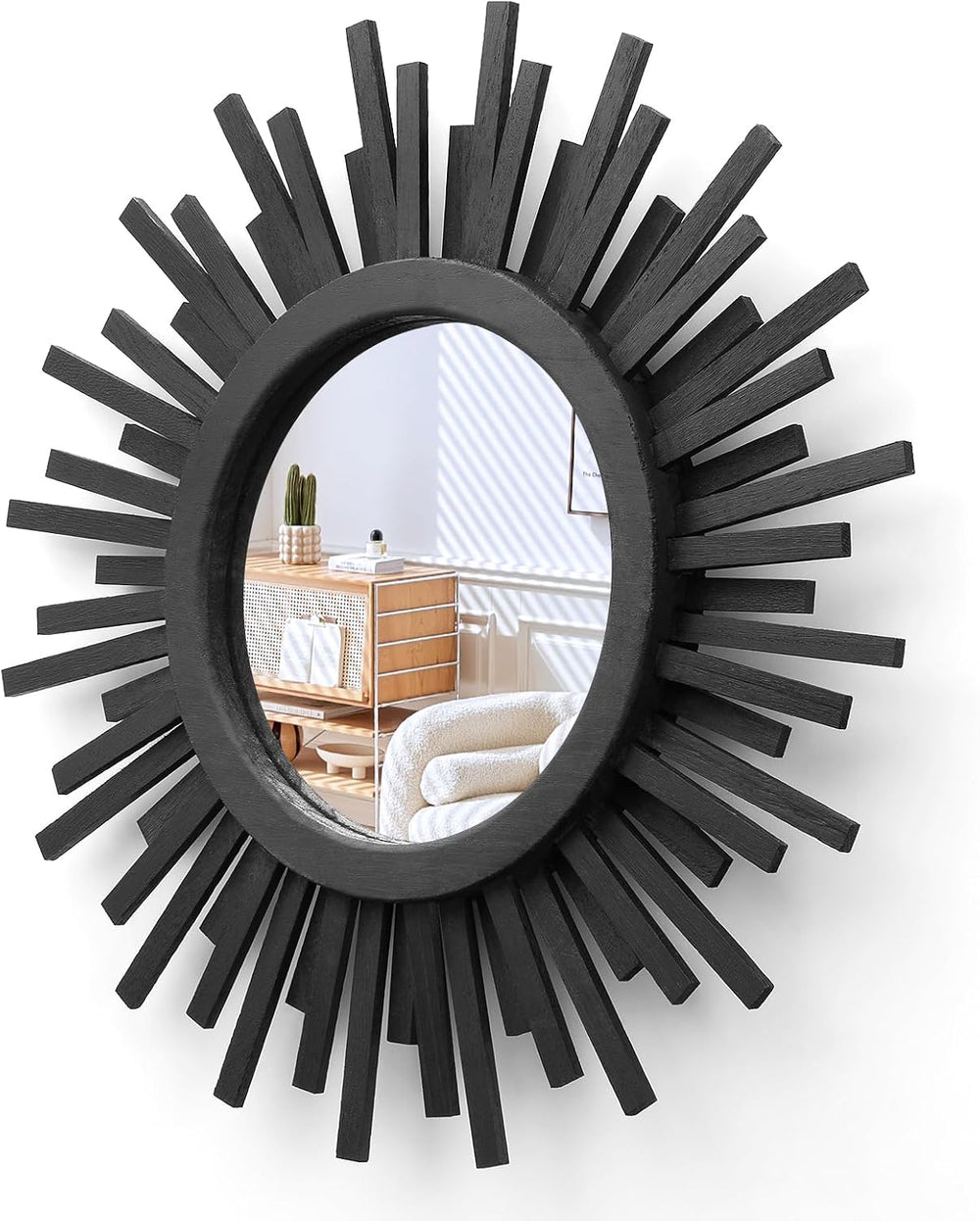 18 Inch Boho Sunburst Mirror, Round Wooden Wall Decor Starburst Sun Mirror fo...