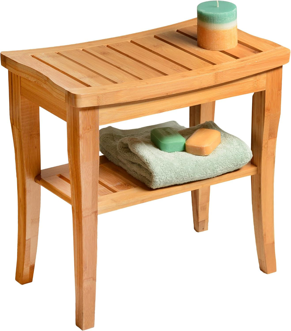 Bamboo Shower Bench, Shower Stool Seat with Storage Shelf, Non Slip Feet