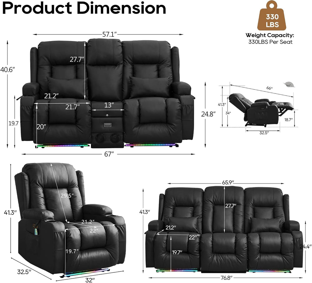 IPKIG 3-Piece Power Recliner Sofa Set with Massage and Heat, Faux Leather