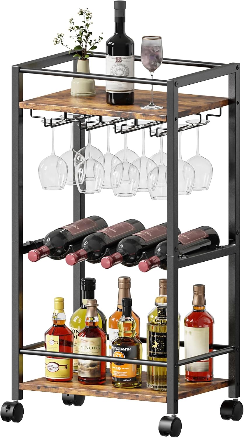 Bar Cart, Home Bar Serving Cart, Mobile Kitchen Carts with Wheels, Small Roll...