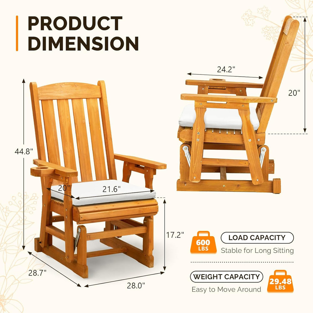 VINGLI Wooden Patio Glider with Cushion, Heavy Duty 600 LBS Outdoor Glider wi...