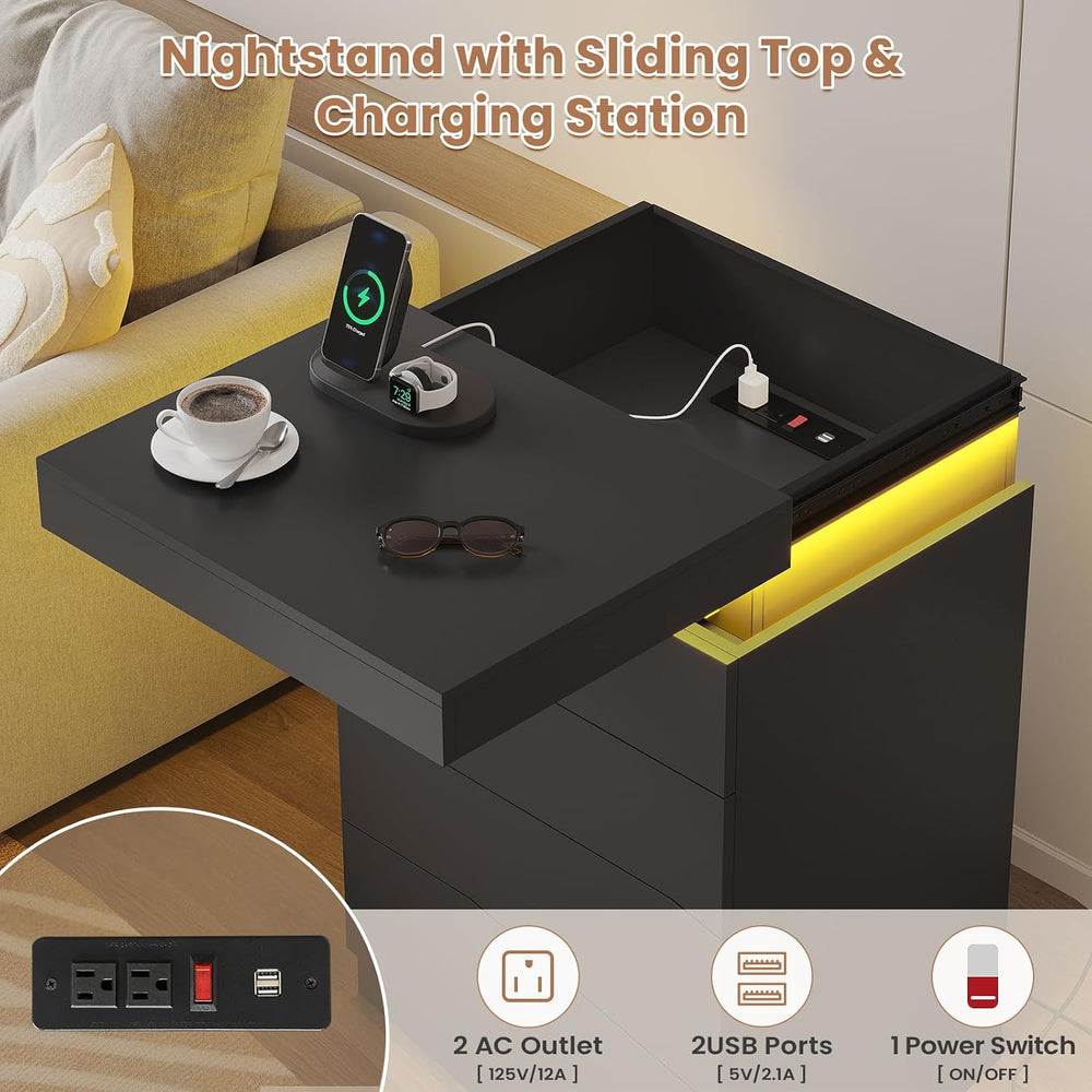 ADORNEVE Black Large Modern Night Stand Set of 2