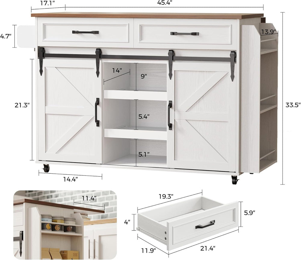 IRONCK Kitchen Island with Storage, Drop Leaf Countertop, White