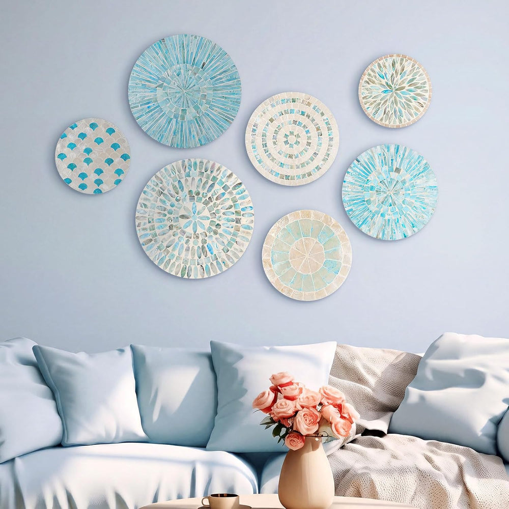 Tioncy 7 Pcs Assorted Blue Mother of Pearl Shell Plate Coastal Wall Art