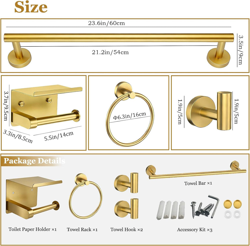 5-Pieces Wall Mount Bathroom Hardware Set,22in Brushed Gold Towel Bar Set