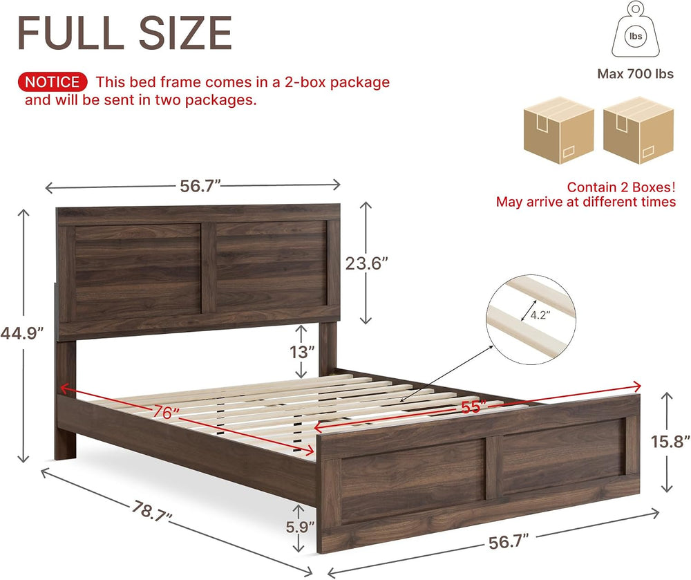 KISLOT Wood Bed Frame with Headboard and Footboard, Walnut, Full