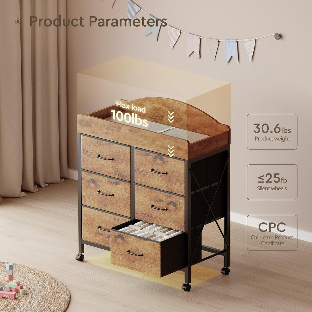 YeTom Changing Table Dresser, 6 Fabric Drawers, Mobile Storage, Brown