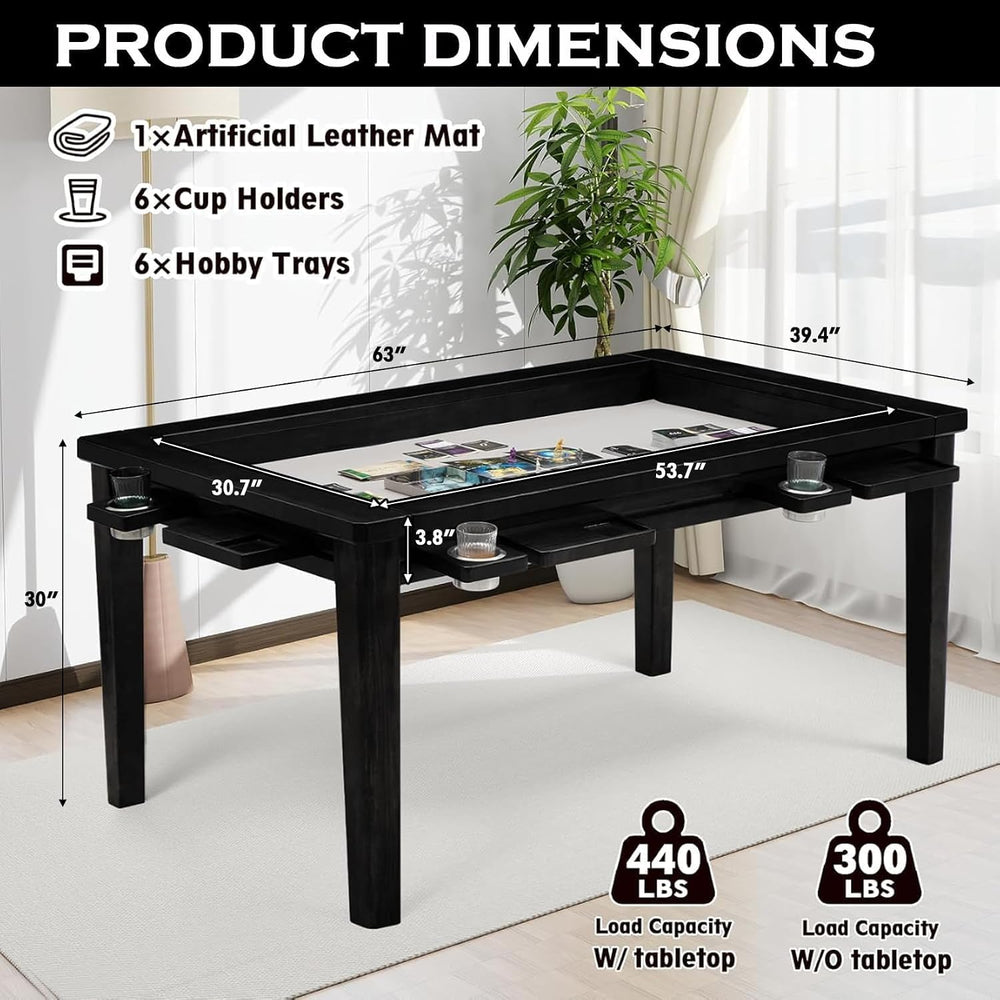 63"x39" Board Game Table with Removable Top Solid Wood Dining/Gamin...