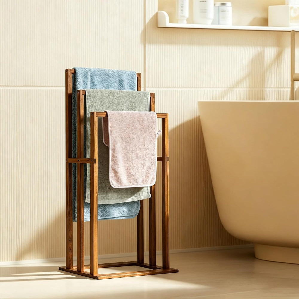 Utoplike Teak Standing Towel Rack for Bathroom, Freestanding Holder 3 Bars