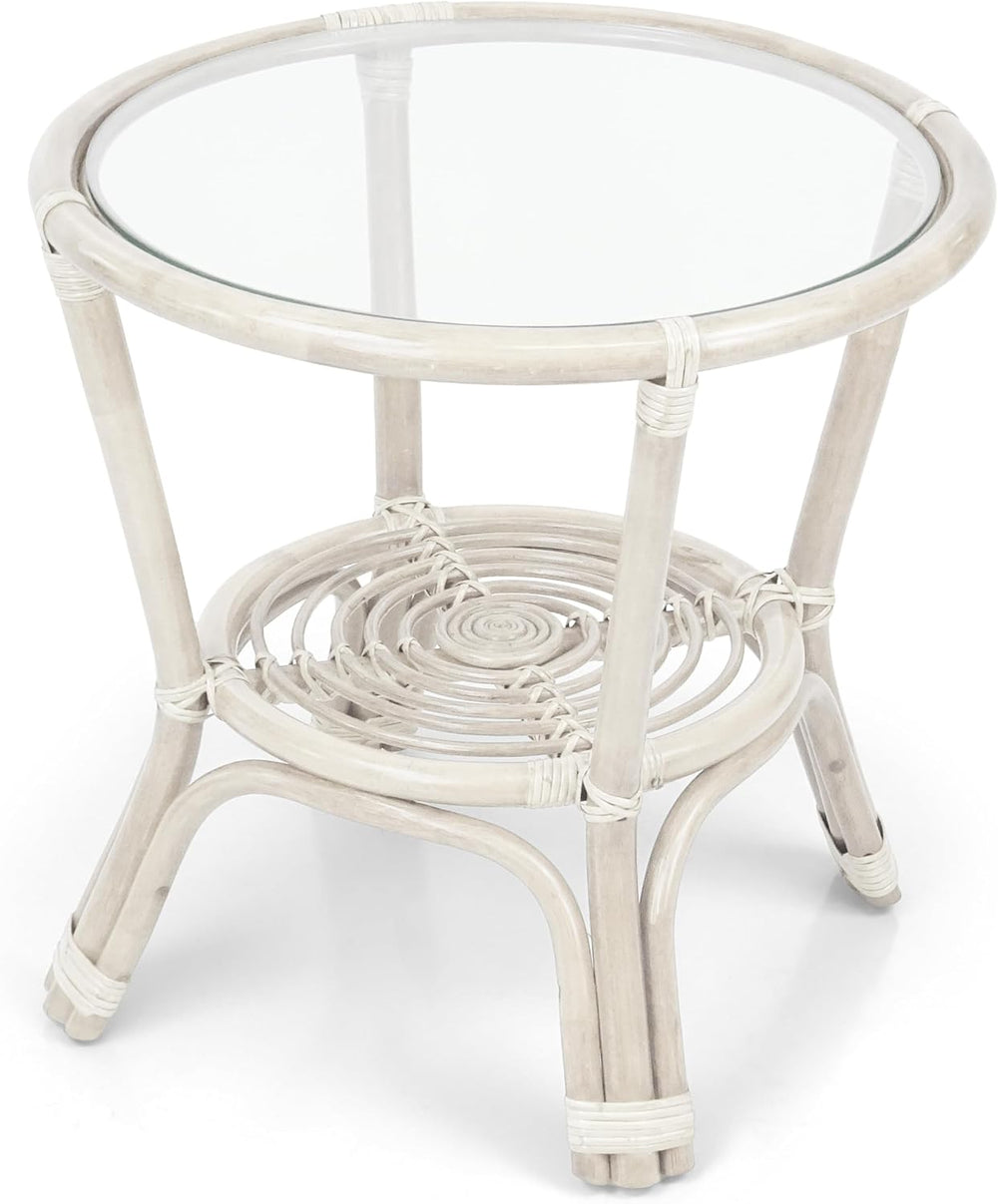 Leo Rattan Wicker Round Accent Coffee Table with Glass, White Color