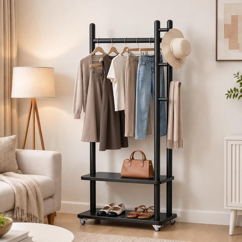 Taitiy Coat Rack Solid Wood Stand Storage 2 Shelves 5 Hooks Black