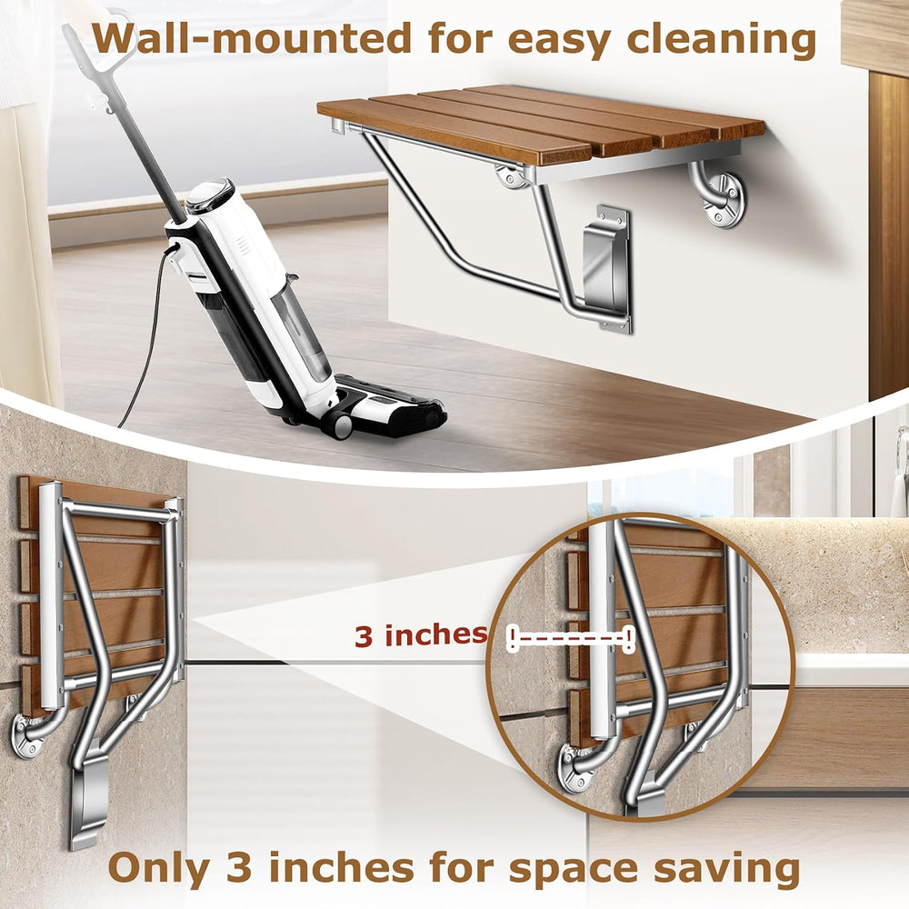 20" Wall Mounted Folding Shower Seat Stainless Steel Frame Space Saving