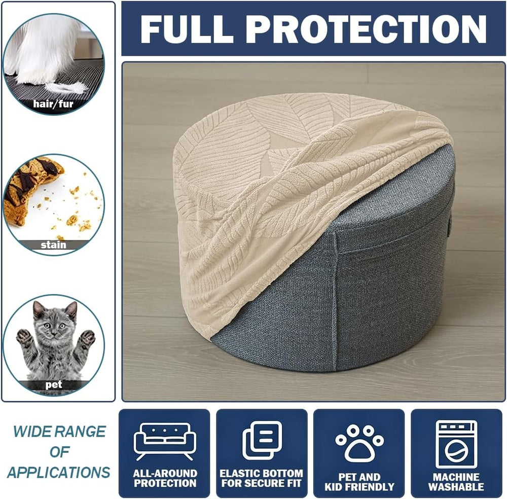 Round Ottoman Cover Stretch Round Ottoman Storage Slipcover Leaves Jacquard F...