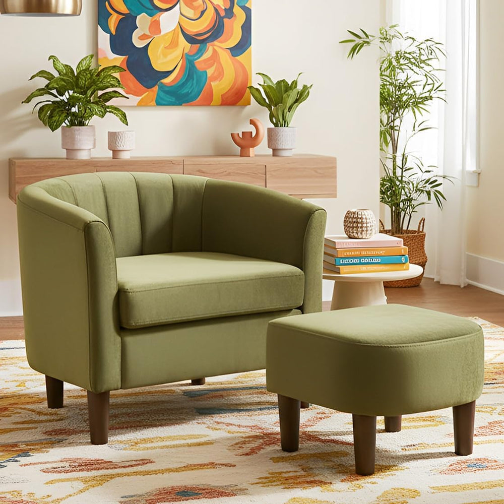 FDW Velvet Barrel Accent Chair with Ottoman, Modern Armchair with Ottoman Set...