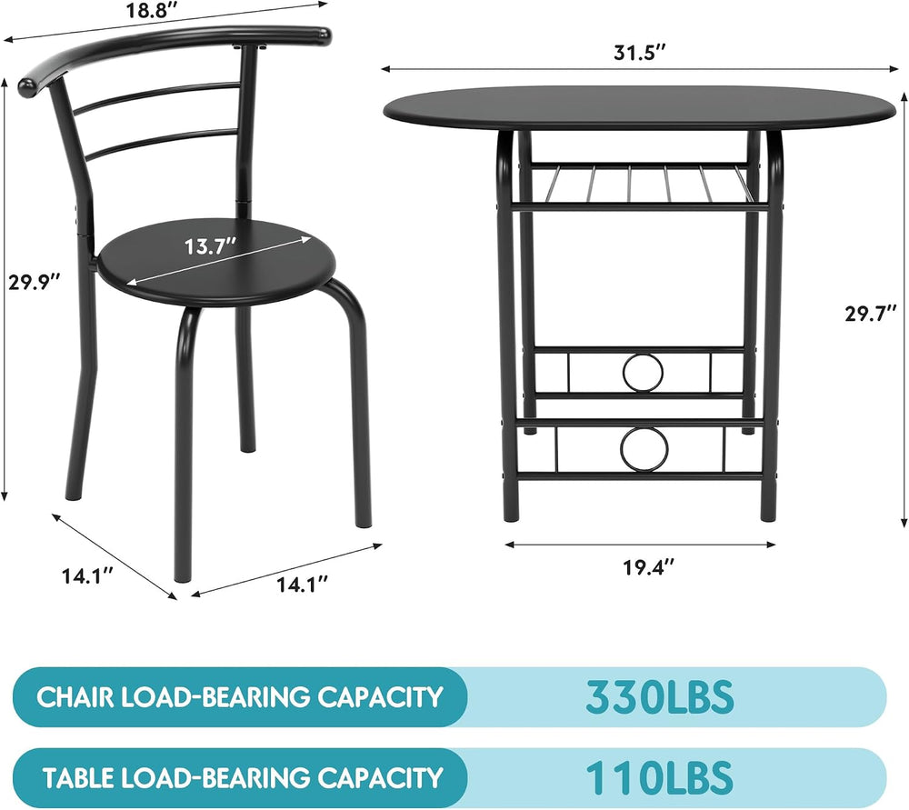 Flamaker Dining Table for 2, 3 Piece Round Table & Chair Set, Black