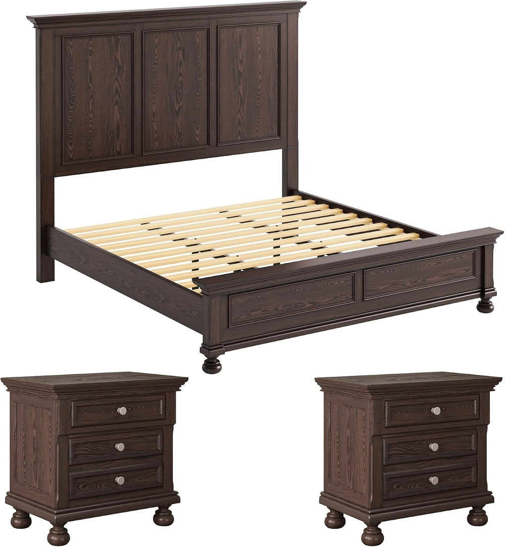 AMERLIFE Solid Wood 3-Piece Set, King Bed & 2 Nightstands, Dark Brown