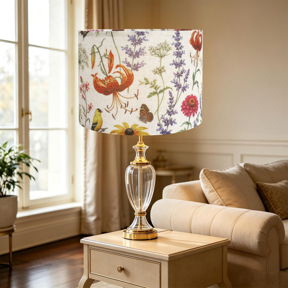 Drum Lampshades, Print Floral Linen Lamp Shade with White Frame