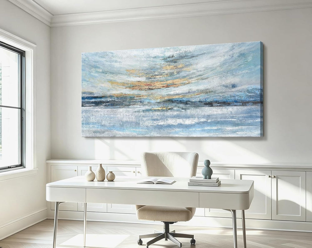 Nicetop Large Ocean Canvas Wall Art 48x24 Abstract Coastal Blue Gold