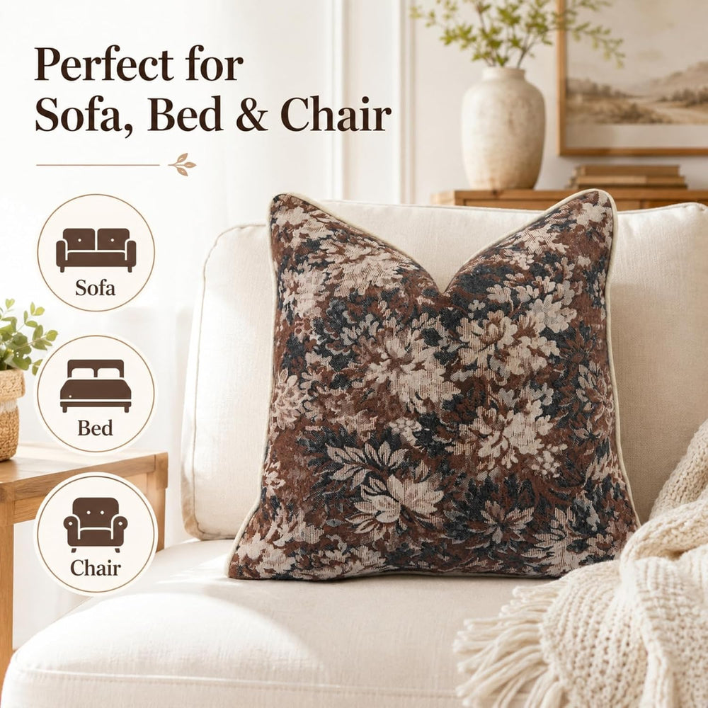 CROWNED BEAUTY Farmhouse Floral Throw Pillow Covers, 24x24, Brown, Set of 2