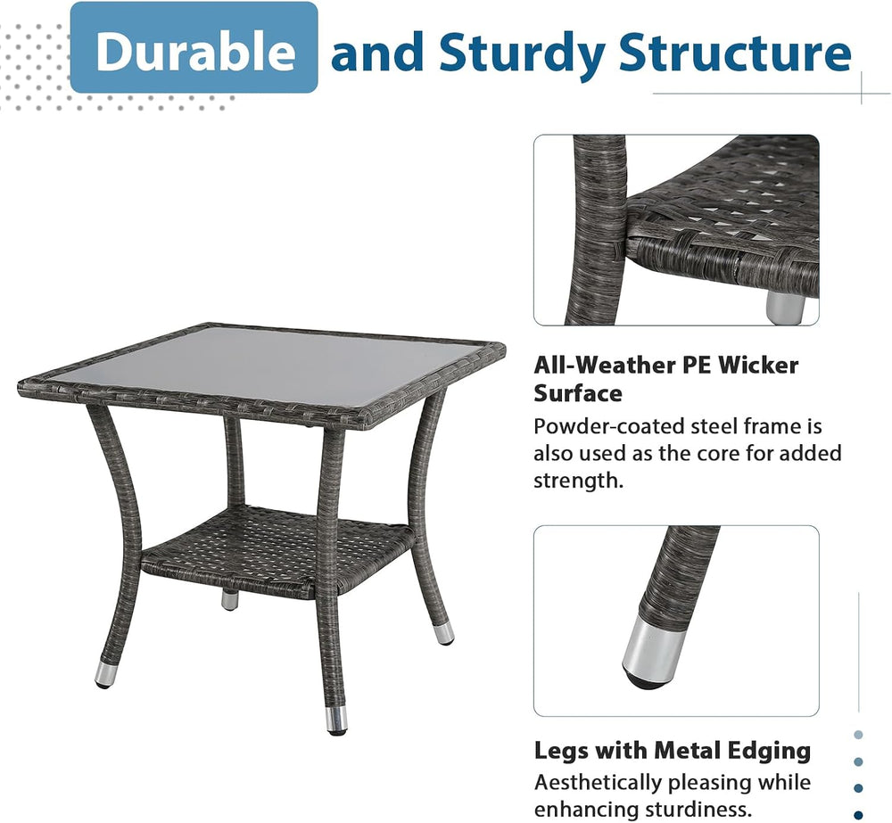Super Patio Outdoor Side Table, Wicker Patio Coffee Table w/Glass Top, Gray
