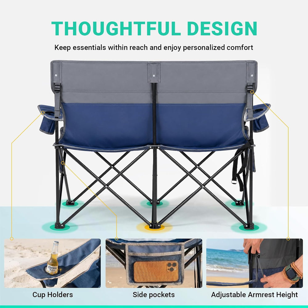 Overmont Double Camping Chair Compact Folding Loveseat with Cup Holders
